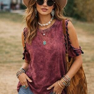 Gilded Intent Acid Wash Lace Up Side Tank Top Maroon Burgundy Large